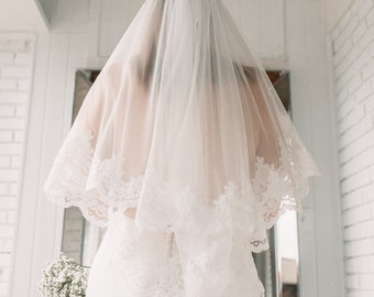 Two Tier Lace Veil With Blusher | Classic Veil | Short Veil