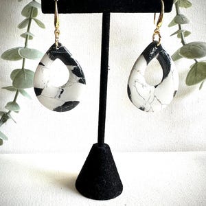 Marbled Oval Statement Earrings: Handmade Polymer Clay, Black White & Gold
