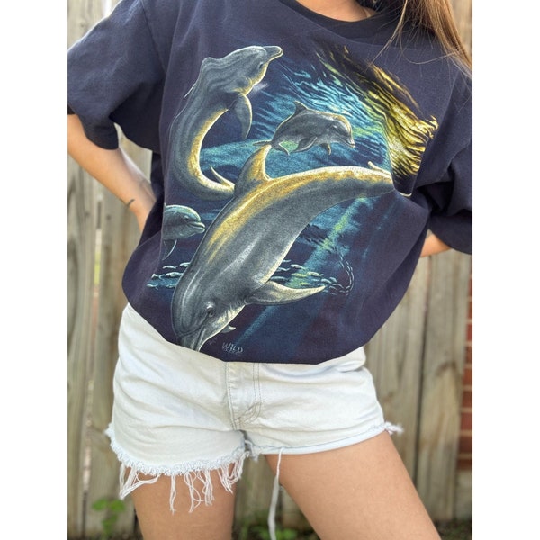 Vintage 90's Wild Wear Dolphin Navy Blue Single Stitch Tee T-Shirt Size Large