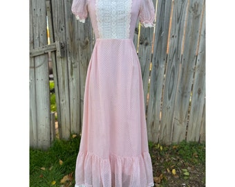 Vintage 70's Sandy Shaw Women's Swiss Dot Pink Maxi Dress