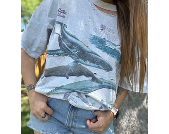 Vintage 90's Habitat Whale Single Stitch All Over Print Tee T-Shirt Size XL