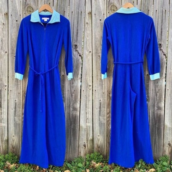 Vintage Sears at Home Wear Royal Blue Fleece Jumpsuit - Etsy