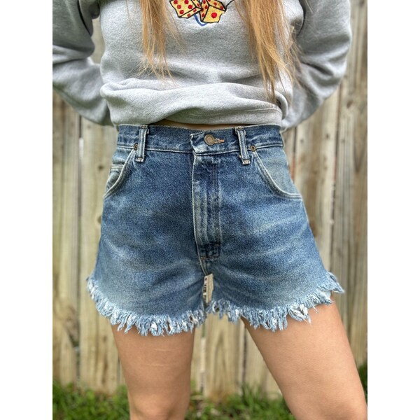 Vintage 90's Wrangler Medium Wash High Rise Cut Off Raw Hem Denim Jean Shorts