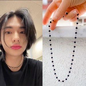 Stray Kids Hyunjin Felix No Easy Inspired Beads Beaded Necklace Choker Kpop Style Cosplay Edelstahl black beaded chain Straykids merch