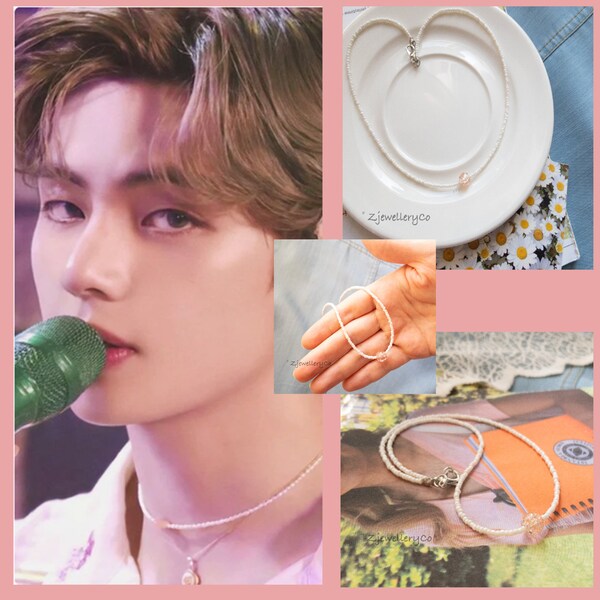 Ras de cou inspiré du BTS V Kim Taehyung - Ras de cou en perles blanches avec collier de pierres roses - Dynamite de collier de perles TaeTae Vante - Bijoux rétro Y2K