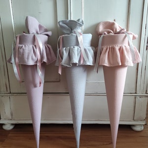 School cone for girls, muslin, school cone with ruffle, fabric school cone, first day of school 2025, schoolchild 2025, 6 colors, personalized with name
