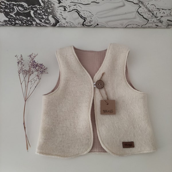 Walkweste Baby Kinder Weste Walk Wollwalk Wolle Schurwolle Musselin Strickjacke in fünf Farben Curry, Beere, Himbeere, Beige, Creme