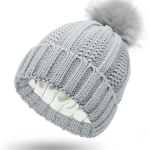 Womens Satin Lined Winter Beanie Hat with Faux Fur Pom Cuffed Warm Knit Skull Cap