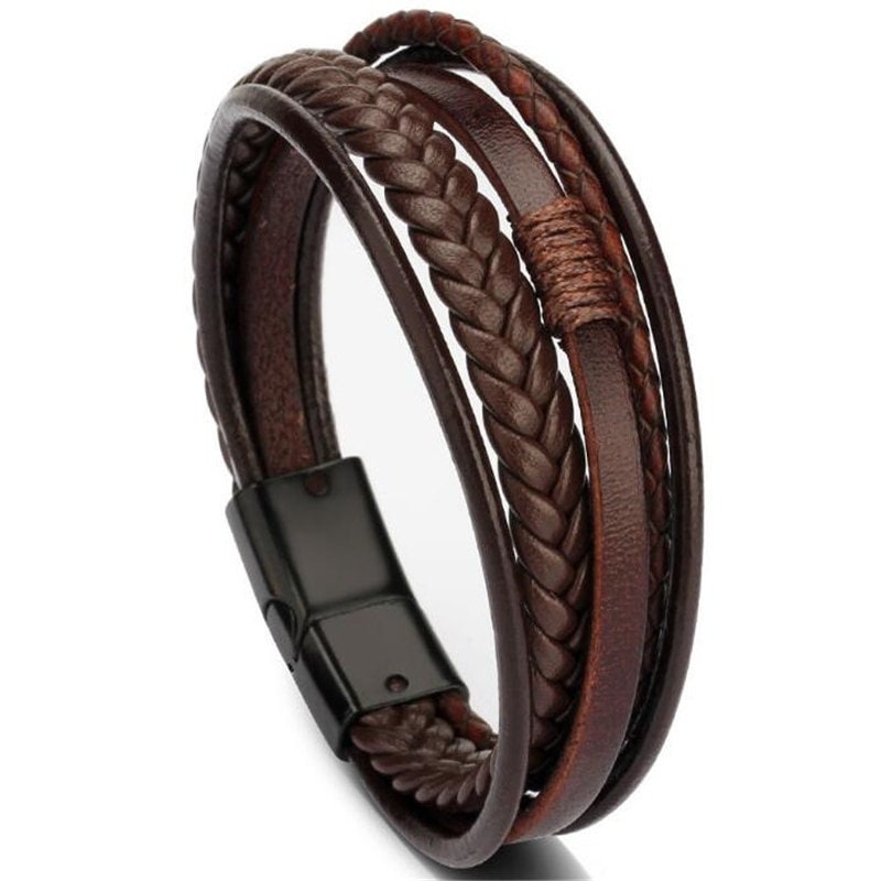 Braided Leather Bracelet Men, Stainless Steel Clasp, Multilayer