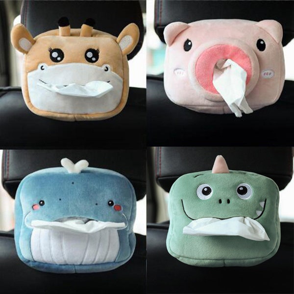Cute Cartoon Car Tissue Paper Box Plush Napkin Holder Universal Auto Home Room Paper Case Animal Decoration Bracket