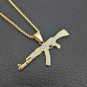 Fashion Hip Hop AK 47 Chain Crystal Men’s Bling Bling Pendant Cuban Chain Necklace unisex men women