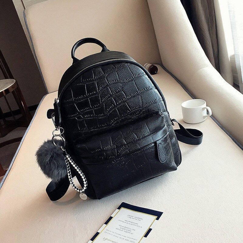 Stylish Womens Small Black Leather Backpack Purse Ladies Rucksack Bag