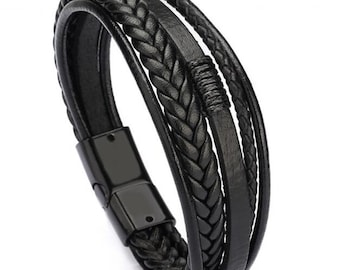 Braided Leather Bracelet Men, Stainless Steel Clasp, Multilayer