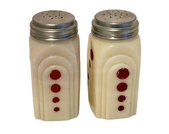 Salero y pimentero McKee Glass Roman Arches MCM de vidrio opalino, estilo restaurante vintage de los años 50.