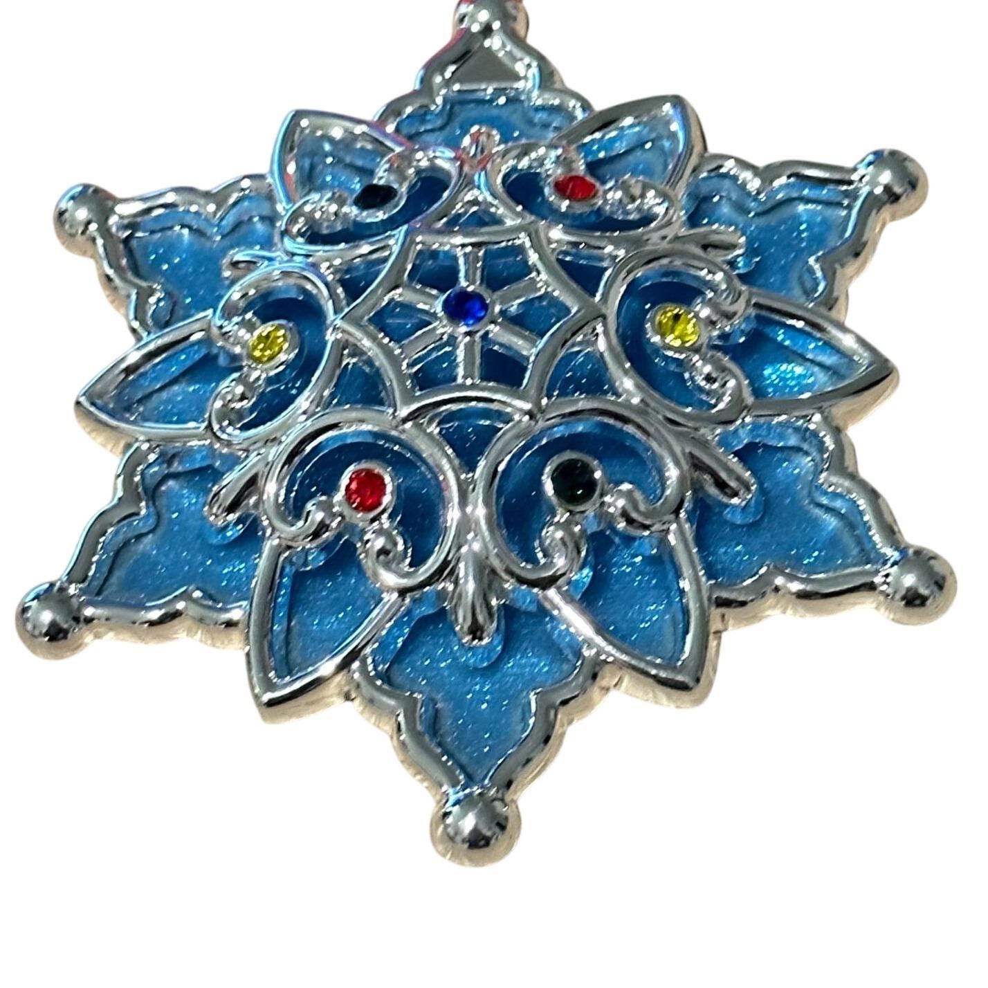Lenox Merry & Bright Snowflake Christmas Tree Ornament Blue Silver Red Ribbon Gift Box Holiday Decoration Multi Colored Jeweled Cut Glass