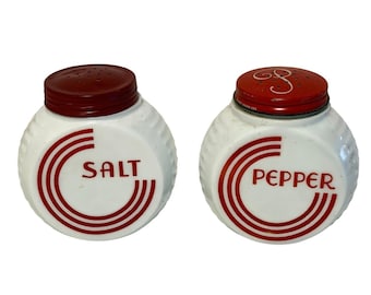 Salero y pimentero Fire-King de 7,6 cm (3"), vidrio opalino rojo, estilo art déco vintage.