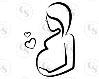 May include: A black and white line drawing of a pregnant woman with her hand on her belly. Three small hearts are floating above her.