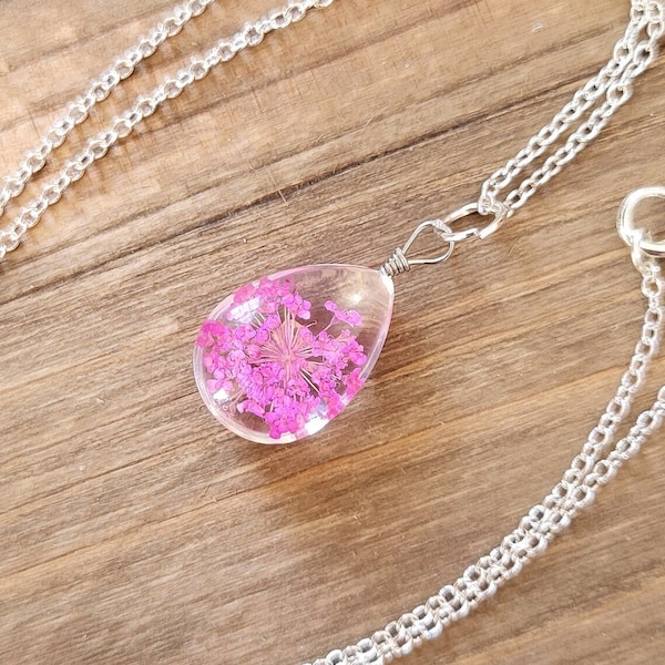 Sweet Pink Spider Lily Pressed Flower Necklace- 925 Sterling Silver Dried Higanbana Handmade Magenta Succulent Flower Resin Crystal Flower