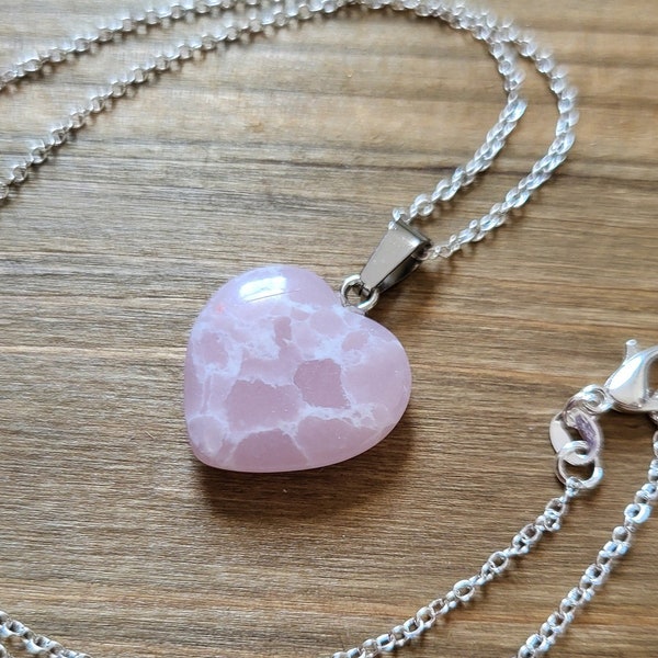 Pink Rose Quartz Heart Crystal Necklace- 925 Sterling Silver Handmade Necklace Real Stone Pink Crystal White Marble Vein Heart Love Stone