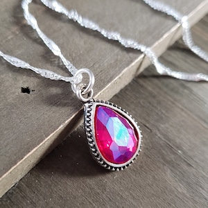 Iridescent Ruby Crystal Necklace- 925 Sterling Silver Water Ripple Necklace- Handmade Iridescent Stone- Flashy Red Zirconia Teardrop Pendant