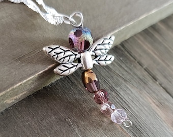 Dragonfly Necklace- Purple Crystal Natural Stone Dragon Fly Necklace- 925 Sterling Silver Water Ripple Chain Handmade Summer Insect Necklace