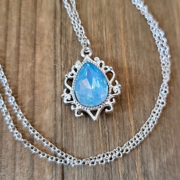 Sky Blue Water Opal Baroque Necklace- 925 Sterling Silver Handmade Iridescent Pastel Blue Glass Acrylic Rhinestone Vintage Baroque Pendant