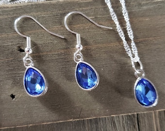 Aquamarine Blue Crystal Jewelry Set- 925 Sterling Silver Water Ripple Necklace Handmade Blue Crystal Necklace Earrings Set- Blue Jewelry Set