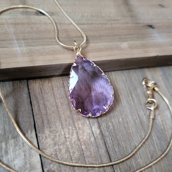 18k Gold Lavender Purple Crystal Necklace- Handmade Real Stone Light Purple Zircon Teardrop Pear Stone Pendant- Soft Purple Stone Necklace