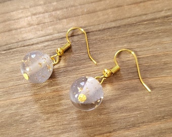 Misty Gray Resin Ball Earrings- 18k Gold Earrings Midnight Grey Iridescent Glitter Gold Flake Bead Earrings- Mother's Day Spring Earrings