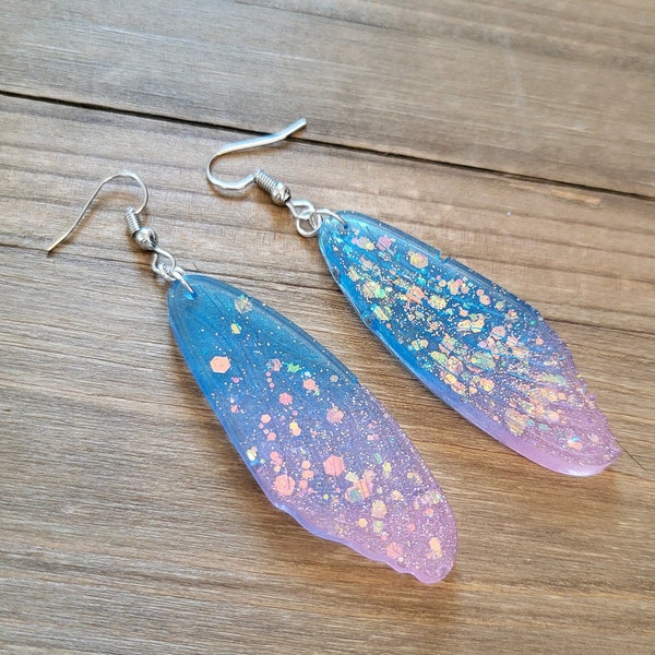 Cotton Candy Ombre Glitter Butterfly Wing Earrings- Handmade 925 Sterling Silver Resin Blue Pink Siver Gold Glitter Butterfly Wings Earrings