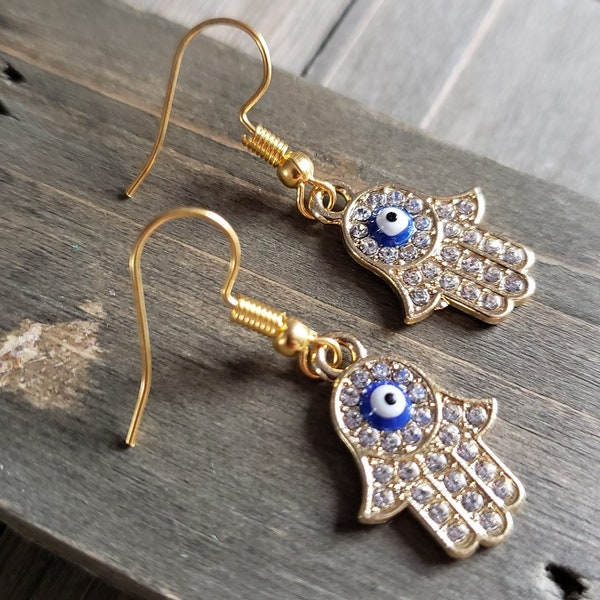 18k Gold Hamsa Evil Eye Hand Earrings- Protection Earrings Evil Ward Evil Eye Hand Earrings- Blue Evil Eye Hamsa Hand Jewelry- Turkish Blue