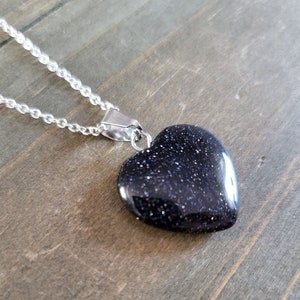 Blue Goldstone Heart Crystal Necklace 925 Sterling Silver Handmade Necklace Real Stone Galaxy Sparkly Purple Blue Sandstone Heart Love Stone