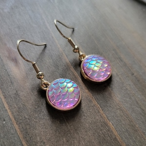 Iridescent Pink Mermaid Earrings- 18k Gold Resin Coin Earrings- Summer Earrings- Opalescent Fish Scale Mermaid Fin Ocean Nautical Earrings