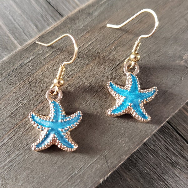 Blue Starfish Earrings- 18k Gold Starfish Earrings- Summer Earrings- Gold and Blue Beach Sandy Starfish Ocean Sea Life Nautical Earrings-