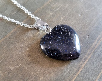 Blue Goldstone Heart Crystal Necklace 925 Sterling Silver Handmade Necklace Real Stone Galaxy Sparkly Purple Blue Sandstone Heart Love Stone
