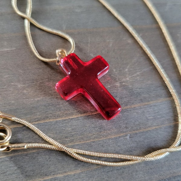 Blood Red Glass Cross Necklace- 18k Gold Handmade Celtic Glass Cross Pendant- Gothic Vampire Red Necklace- Deep Red Crystal Glass Cross