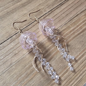 Soft Pink Water Jellyfish Earrings- 18k Gold Glass Jellyfish Dangle Earrings Summer Beach Jellyfish Ocean Beaded Nautical Crystal Earrings