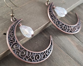 Bronze Crescent Moon White Crystal Earrings- Celtic Phantom Moon Earrings- White Moonlight Earrings- Witchy Bronze Moon Astrology Jewelry