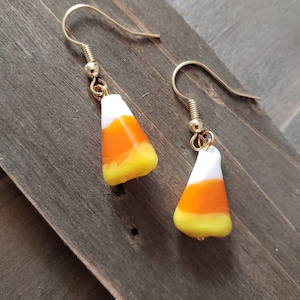 Glass Candy Corn Earrings- 18k Gold Candy Corn Halloween Candy Earrings- Fall Autumn Seasonal Halloween Earrings- Sweet Candy Corn Earrings
