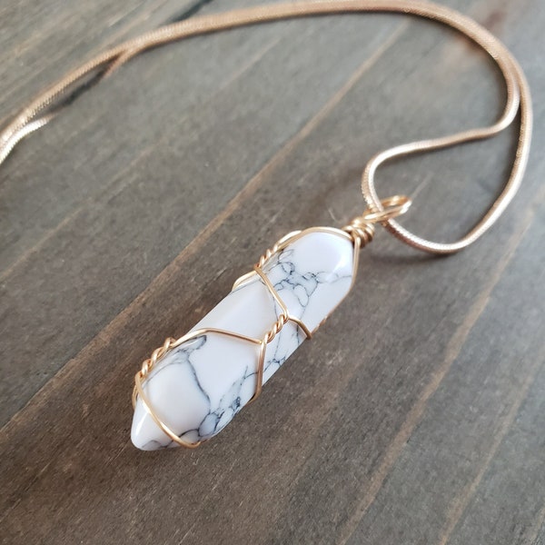 Wire Wrapped White Howlite Crystal Necklace 18k Gold White Stone Handmade Real Stone Gold Wire Wrapped Natural Howlite Gemstone Pendant