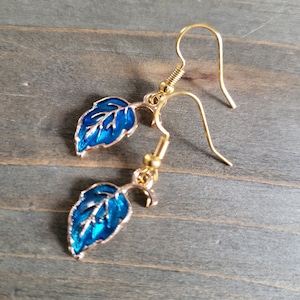 Blue Leaf Fall Earrings- 18k Gold Leaf Earrings- Handmade Autumn Leaves Fall Earrings Autumnal Changing Leaves Seasonal Leaf Earrings