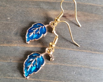 Blue Leaf Fall Earrings- 18k Gold Leaf Earrings- Handmade Autumn Leaves Fall Earrings Autumnal Changing Leaves Seasonal Leaf Earrings