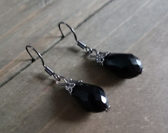 Dark Silver Black Obsidian Teardrop Earrings- Handmade Dark Silver Crystal Earrings- Black Stone Pear Drop Earrings- Gothic Celtic Earrings