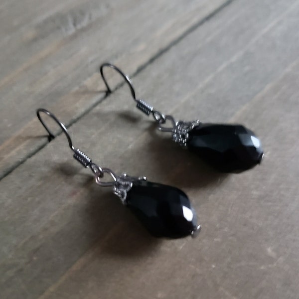 Dark Silver Black Obsidian Teardrop Earrings- Handmade Dark Silver Crystal Earrings- Black Stone Pear Drop Earrings- Gothic Celtic Earrings