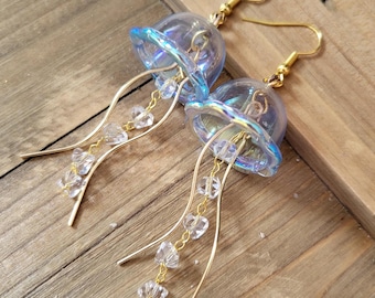 Sky Blue Jellyfish Earrings- 18k Gold Acrylic Jellyfish Dangle Earrings- Summer Beach Blue Aura Jellyfish Ocean Sea Life Crystal Earrings