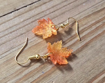 Fire Orange Maple Leaf Earrings- 18k Gold Plated Handmade Resin Gold Shimmer Autumn Leaves Fall Pumpkin Spice Maple Leaf Seasonal Earrings