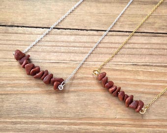 Gold Sandstone Crystal Strung Bead Necklace- Handmade 18k Gold 925 Sterling Silver Plated Pebbles Goldstone Strung Stone Chips Bar Necklace