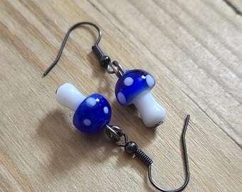 Royal Blue Glass Mushroom Earrings Gunmetal Black Dark Silver Handmade Glass Indigo Blue Magic Mushroom Dainty Fall Autumn Forager Earrings