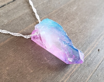 Cotton Candy Quartz Natural Stone Necklace- 925 Sterling Silver Water Ripple Handmade Real Crystal Pink Blue Rose Quartz Raw Chunk Necklace