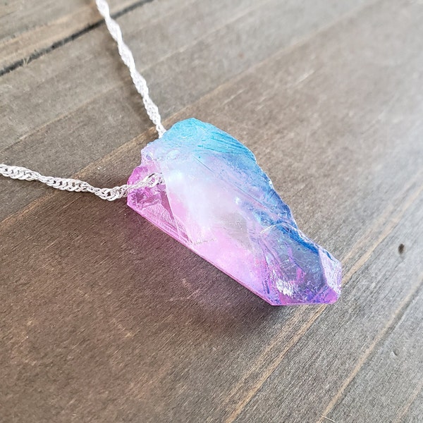 Cotton Candy Quartz Natural Stone Necklace- 925 Sterling Silver Water Ripple Handmade Real Crystal Pink Blue Rose Quartz Raw Chunk Necklace